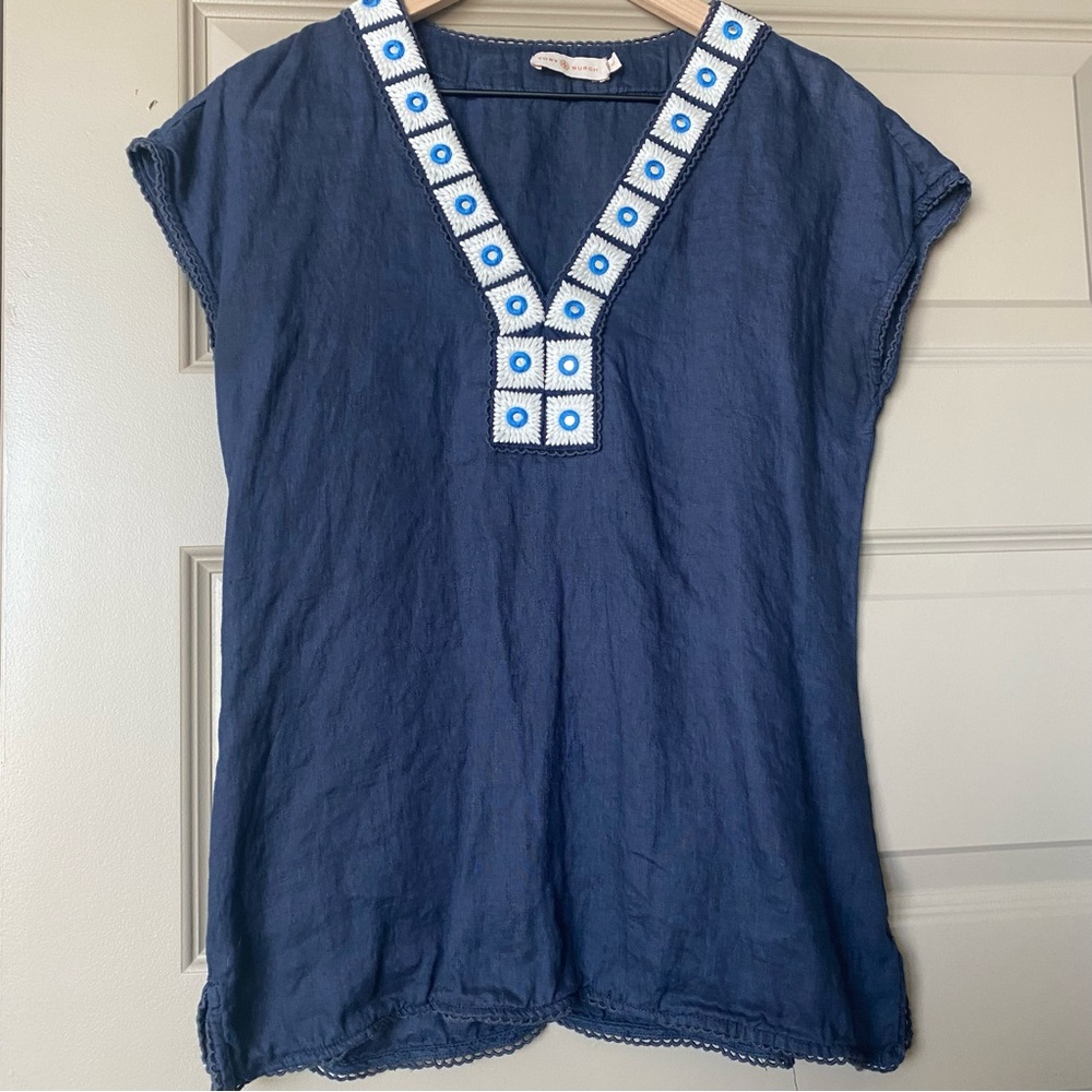 Tory Burch boxy linen short sleeved top, Small